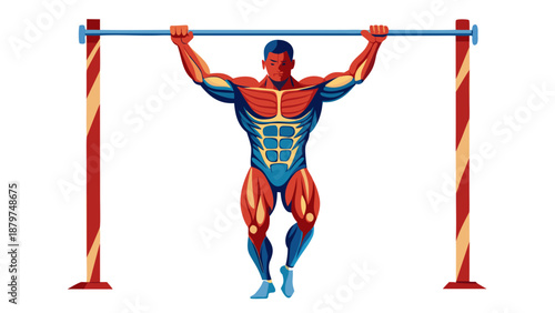 "Create a highly detailed, medically accurate 3D rendering of a fit male athlete performing a pull-up exercise on a horizontal bar. The illustration should use an anatomical overlay to highlight the a