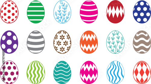 Set of detailed Easter egg clipart with unique decorative patterns, colorful cute Easter eggs clipart against a white background.