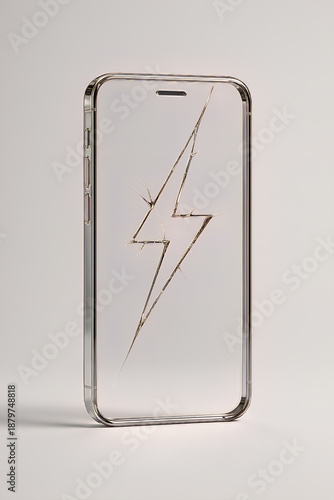 Transparent smartphone with lightning bolt symbol, charging concept on white background