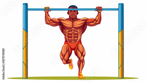 "Create a highly detailed, medically accurate 3D rendering of a fit male athlete performing a pull-up exercise on a horizontal bar. The illustration should use an anatomical overlay to highlight the a