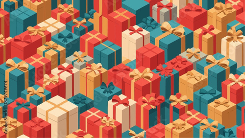 Isometric arrangement of colorful gift boxes with ribbons creating a festive and repeating pattern for celebrations