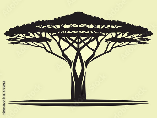 Stylized illustration of an umbrella thorn acacia tree in silhouette