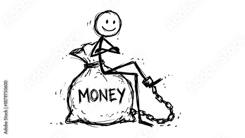 Illustration depicting a stick figure sitting on a bag of money chained with a golden chain. Concept: loans, mortgages.  