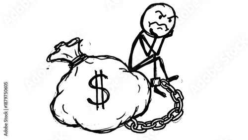 A stick figure sitting on a bag of money on a chain looks disappointed. Concept: loans, mortgages.  