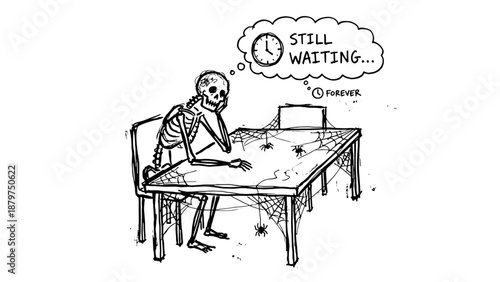 Skeleton sitting at a table waiting for a meeting  