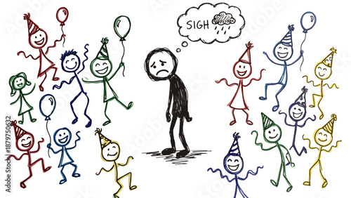 Lonely stick figure surrounded by joyful partygoers with balloons  
