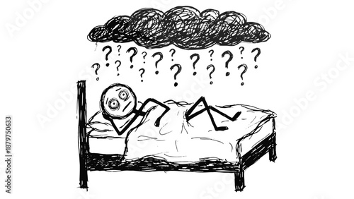 Man lying in bed with anxious expressions and question marks overhead  
