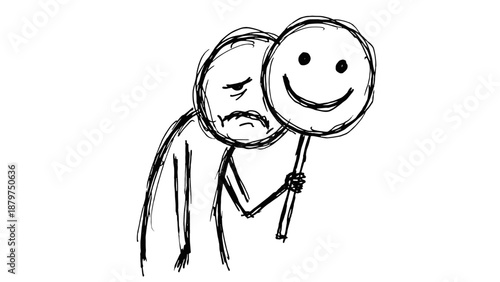 Person hiding sadness behind a happy mask illustration  