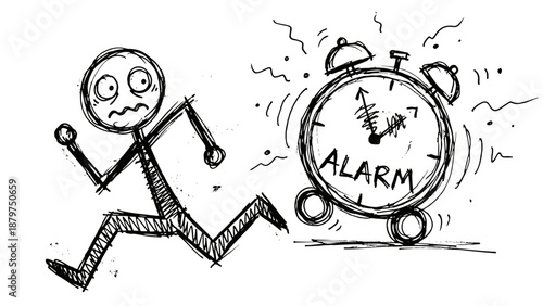 Stick figure running away from alarm clock in sketch style  