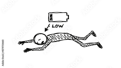 Stick figure exhausted depicting low battery and burnout concept  