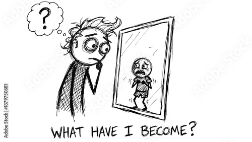 A man looks in the mirror and asks his inner child a question.