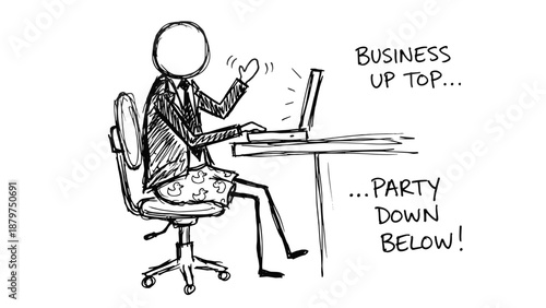 Stick figure in suit working on laptop while wearing shorts at home  