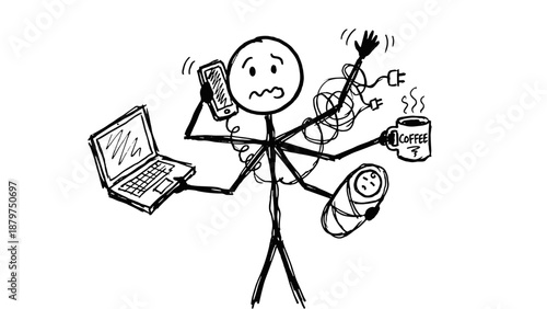 Stressed stick figure multitasking with phone, laptop, and coffee cup  