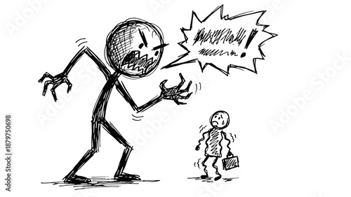 Angry giant figure yelling at small character holding briefcase  