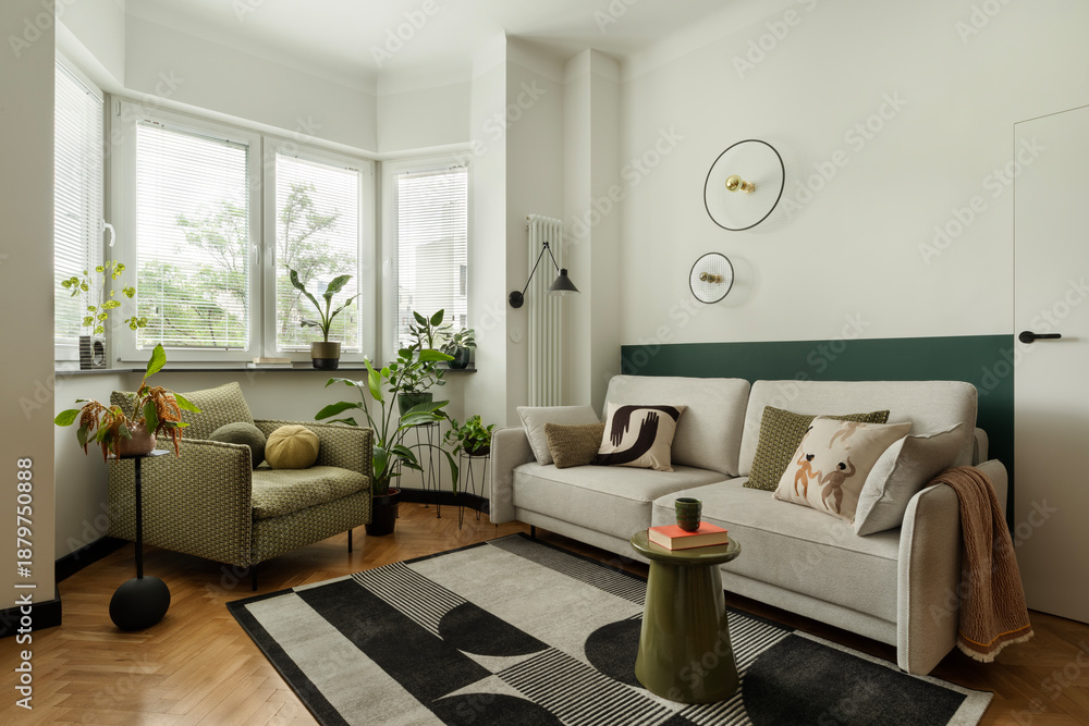 Fototapeta premium Calm Modern Living Room with Plants and Neutral Tones