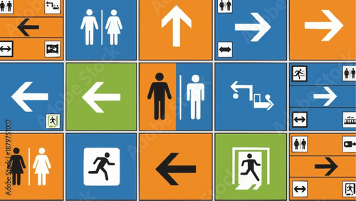A collection of colorful directional and restroom signage displayed on a grid pattern indicating navigation and facilities