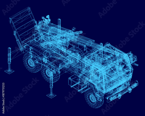 A military rocket launcher truck blueprint in detailed 3D wireframe, isolated on a solid blue background for technical presentations.