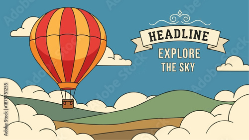 A vibrant stylized hot air balloon floats serenely amongst fluffy clouds and a green landscape below