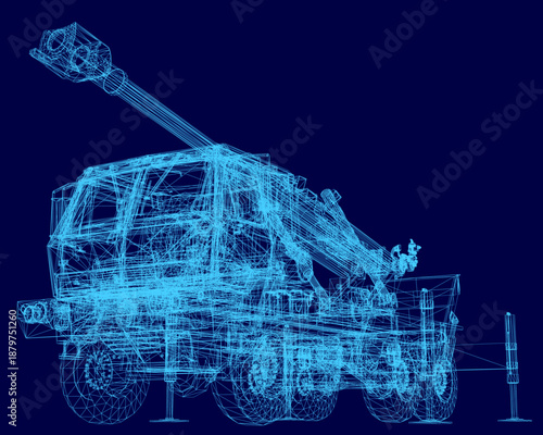 A 3D wireframe model of a military rocket launcher truck on a solid blue background. The detailed vehicle is constructed from precise lines and geometric shapes, creating a realistic technical.