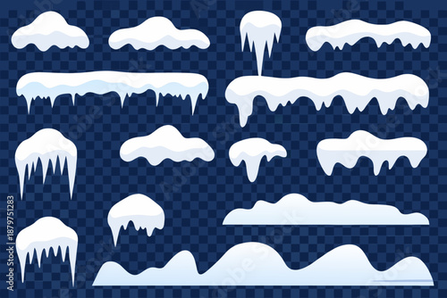 Collection of winter snow and icicle shapes on transparent background