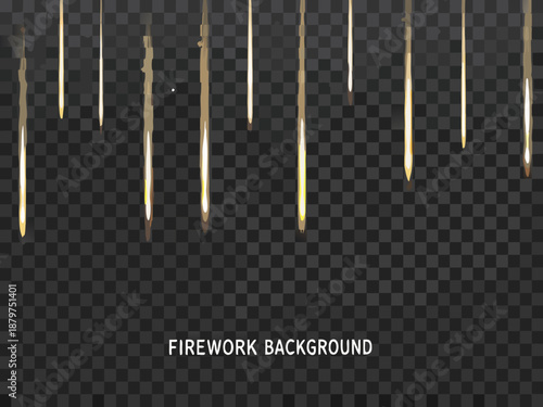 Golden rain streaks and sparkling lines on transparent dark background