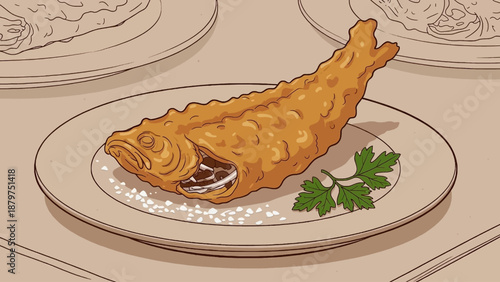 A beautifully illustrated depiction showcases a golden fried fish served on a white plate garnished with fresh parsley and a sprinkle of salt