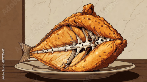 A detailed illustration depicts a halved golden brown fried fish presented on a white plate showcasing its skeletal structure and texture with artistic precision