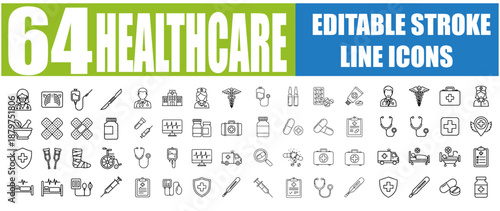Set of 64 Premium Outline Icons for Healthcare, Medical, Medicine and Hospital - Linear Icon Collection with Editable Stroke Vector Illustration - SEO Optimized and Top Ranked on Adobe Stock and Shutt