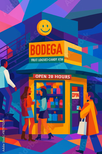 A vibrant illustration depicts a bustling bodega storefront with people shopping a bright yellow smiley face and colorful architectural elements high-quality professional detailed