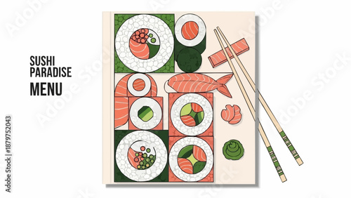 An illustration showcasing various types of sushi rolls salmon and chopsticks with a vibrant appealing design
