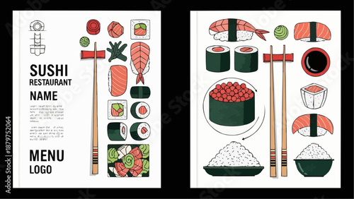 Colorful sushi illustrations displayed on a menu design with chopsticks rice and various appetizing rolls high quality
