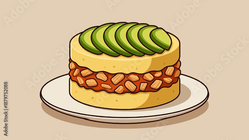 A cartoon image of a cake with sliced avocado on top high-quality professional detailed modern elegant stylish clean crisp vibrant colorful digital creative