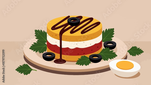 A vibrant and colorful illustration of a layered savory pie topped with a rich chocolate drizzle and garnished with olives and greens high-quality