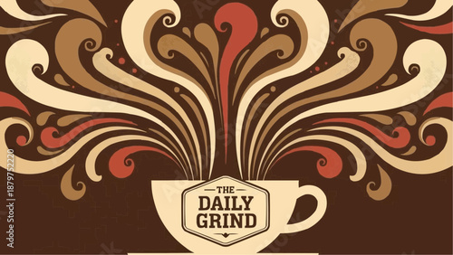 An ornate coffee cup design with swirling brown and beige flourishes creates a vibrant and decorative backdrop