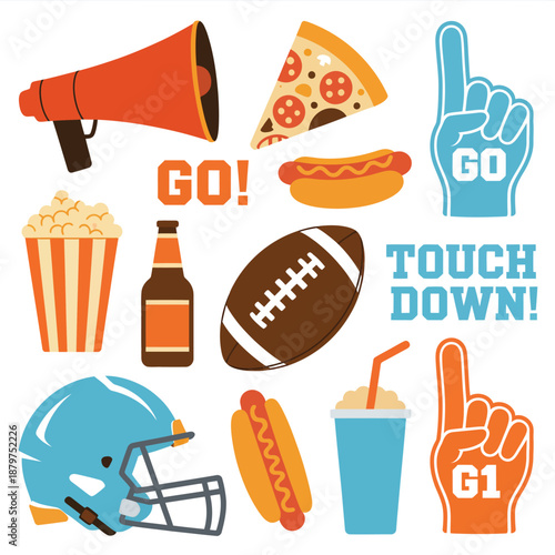 Flat of American Football Game and Snacks helmet popcorn
