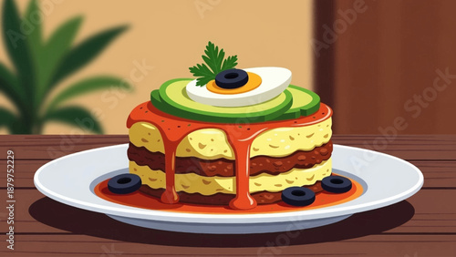 A whimsical cartoon depiction of a layered savory cake featuring ingredients like avocado olives and a fried egg presented on a white plate