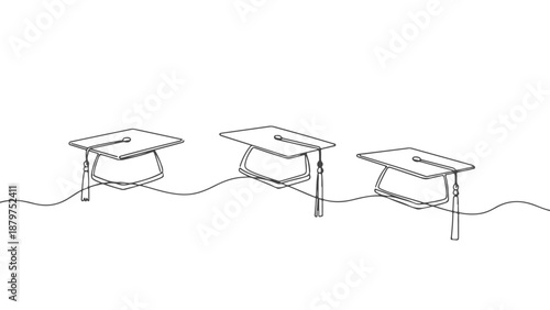 Continuous one line art of three graduation caps, a minimalistic and elegant representation of academic achievement