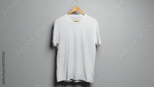A white t-shirt hangs from a wooden hanger against a plain grey background viewed from the front