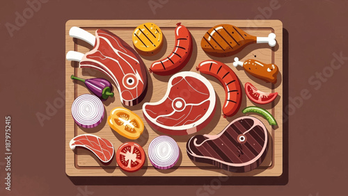 A vibrant and colorful arrangement of different grilled meats including steak sausage chicken and ribs presented on a wooden cutting board with fresh vegetables