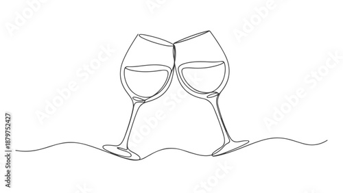 Abstract continuous one line art drawing of two wine glasses clinking together, celebrating a special moment in minimalist style