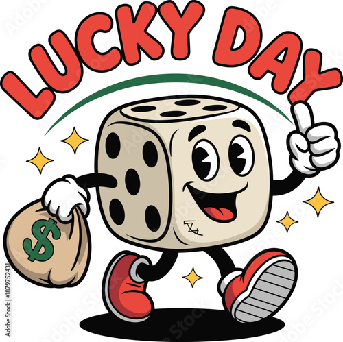 Lucky day cartoon dice character holding money bag celebrating gambling success lottery win casino illustration isolated white background vector design