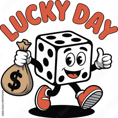 Lucky day cartoon dice character holding money bag celebrating gambling success lottery win casino illustration isolated white background vector design
