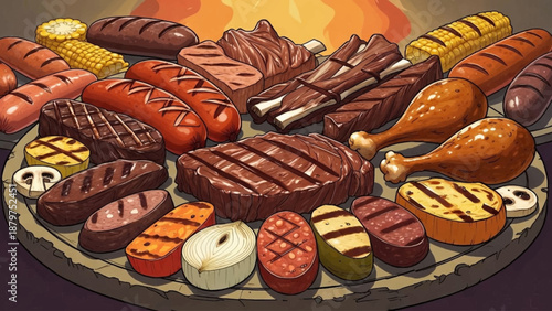 A vibrant illustration displays a delightful arrangement of grilled meats corn on the cob sausages and various side dishes promising a delicious barbecue feast