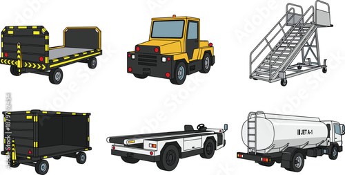 Airport, ground, support, equipment, set, baggage, cart, tow, tractor, tanker, stairs, logistics, transport, aviation, service, vehicles, isolated, vector, illustration, collection