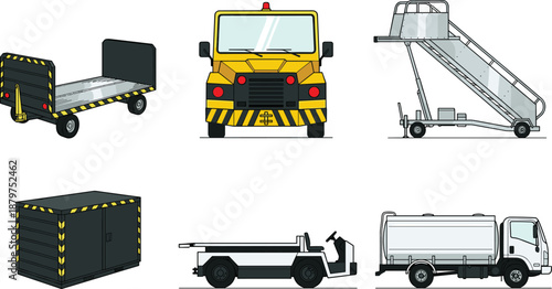 Airport, ground, support, equipment, set, baggage, cart, tow, tractor, fuel, tanker, passenger, stairs, logistics, aviation, service, vehicles, isolated, vector, illustration