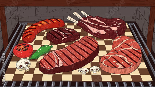 A colorful illustration depicts an array of grilled meats and vegetables arranged on a checkered grilling surface showcasing a barbecue feast high-quality professional