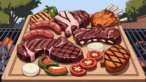 A vibrant and delectable arrangement of grilled meats including steak sausages ribs and chicken presented alongside fresh vegetables on a wooden board high-quality