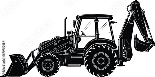Black and white backhoe loader vector illustration, construction excavator machine silhouette, heavy equipment icon, industrial vehicle design, isolated