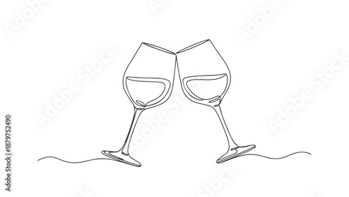 Continuous one line art illustration of two wine glasses clinking together, a simple and elegant design