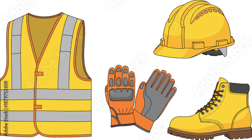 Construction, safety, equipment, set, helmet, vest, gloves, boots, personal, protective, gear, industrial, workwear, illustration, isolated, vector, engineering, worker, uniform, collection